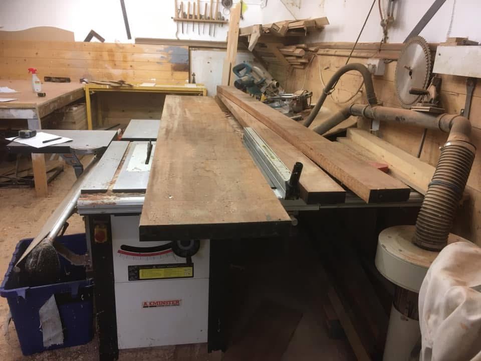 Shaun’s joinery workshop with saw bench and timber