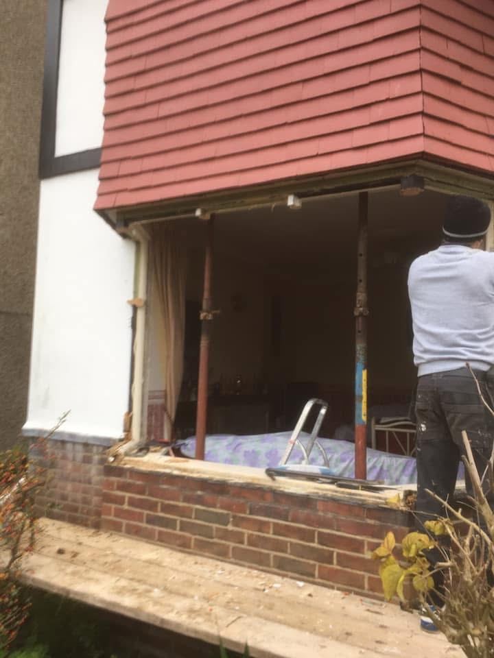 Old bay window removed with the opening propped